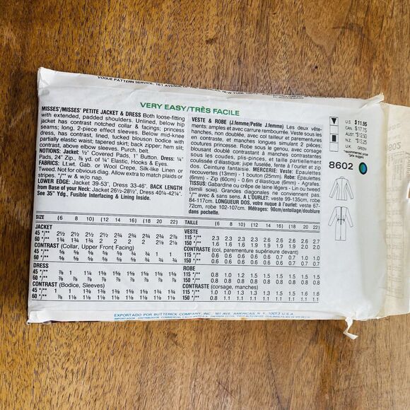 Vogue Woman Sewing Pattern Sz 18-22 Jacket Dress Suit Uncut #8602 Vintage 1993 - Picture 5 of 7